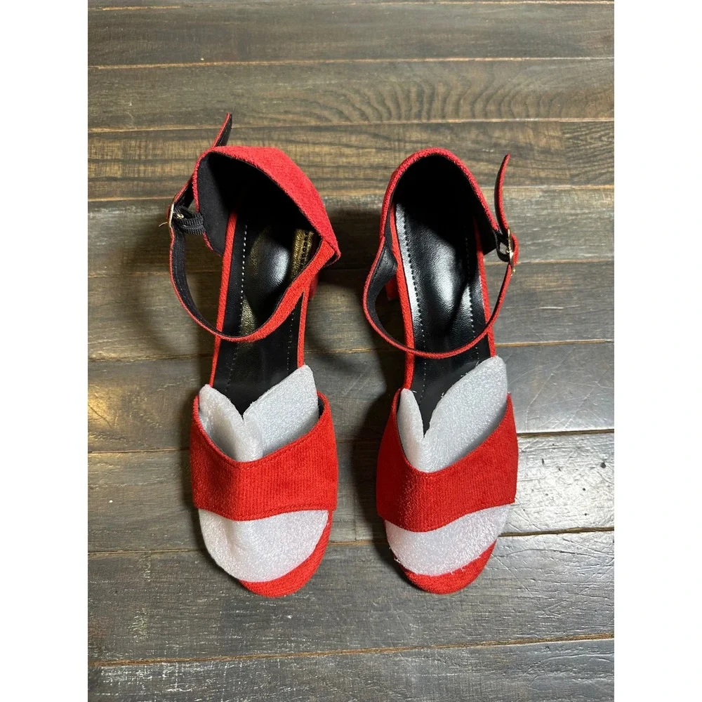 Womens Red Faux Suede Block Heel Ankle Strap Sandals Open Toe Party Shoes
